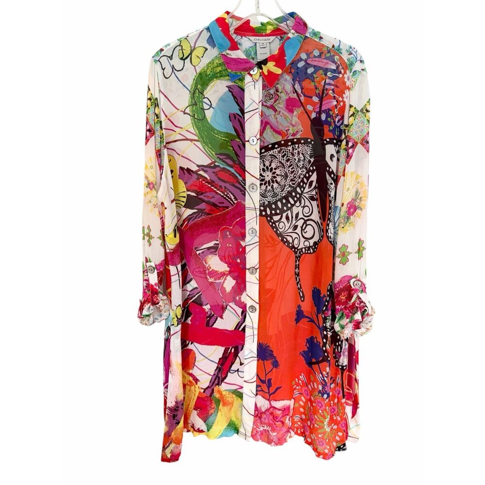 John Mark Multi patch Colourful Collard Long Sleeve Button Down Tunic Sz 1X